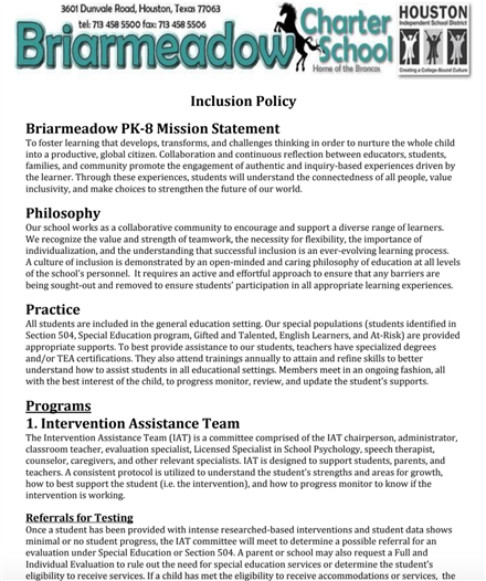 Briarmeadow's Inclusion Policy